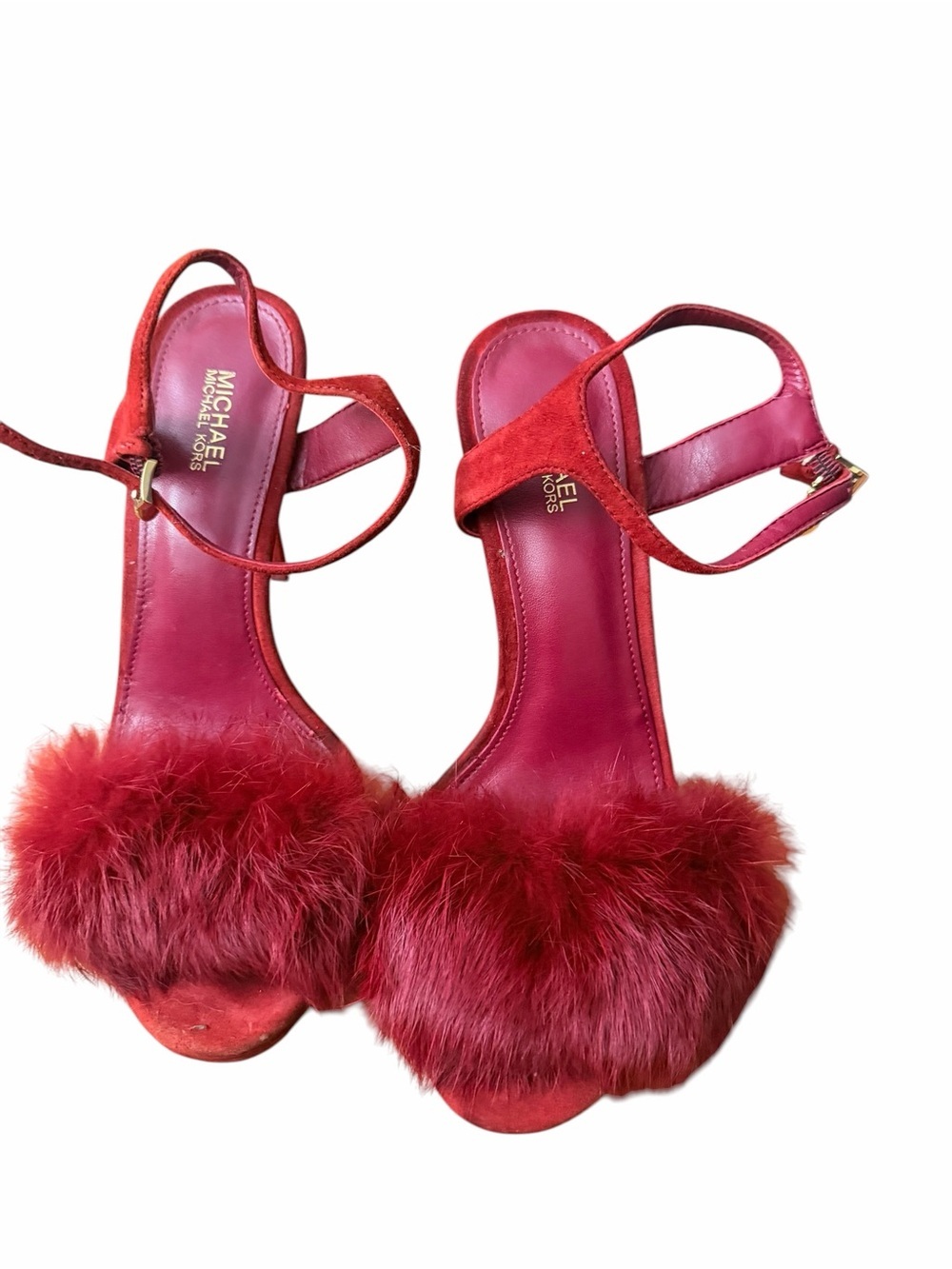 Michael Kors Red Suede Fur-Trim Stiletto Sandals - Picture 2 of 6